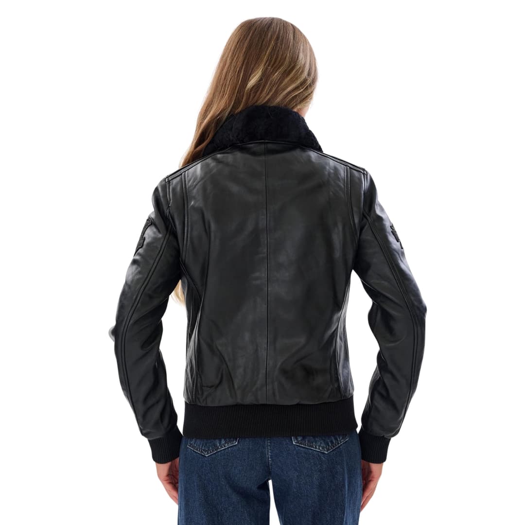 womens black leather flight bomber jacket with shearling collar