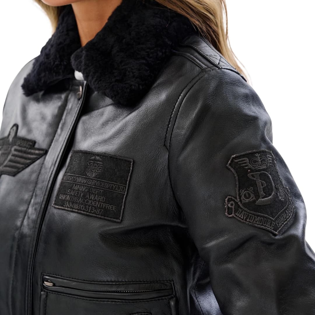 womens black leather flight bomber jacket with shearling collar