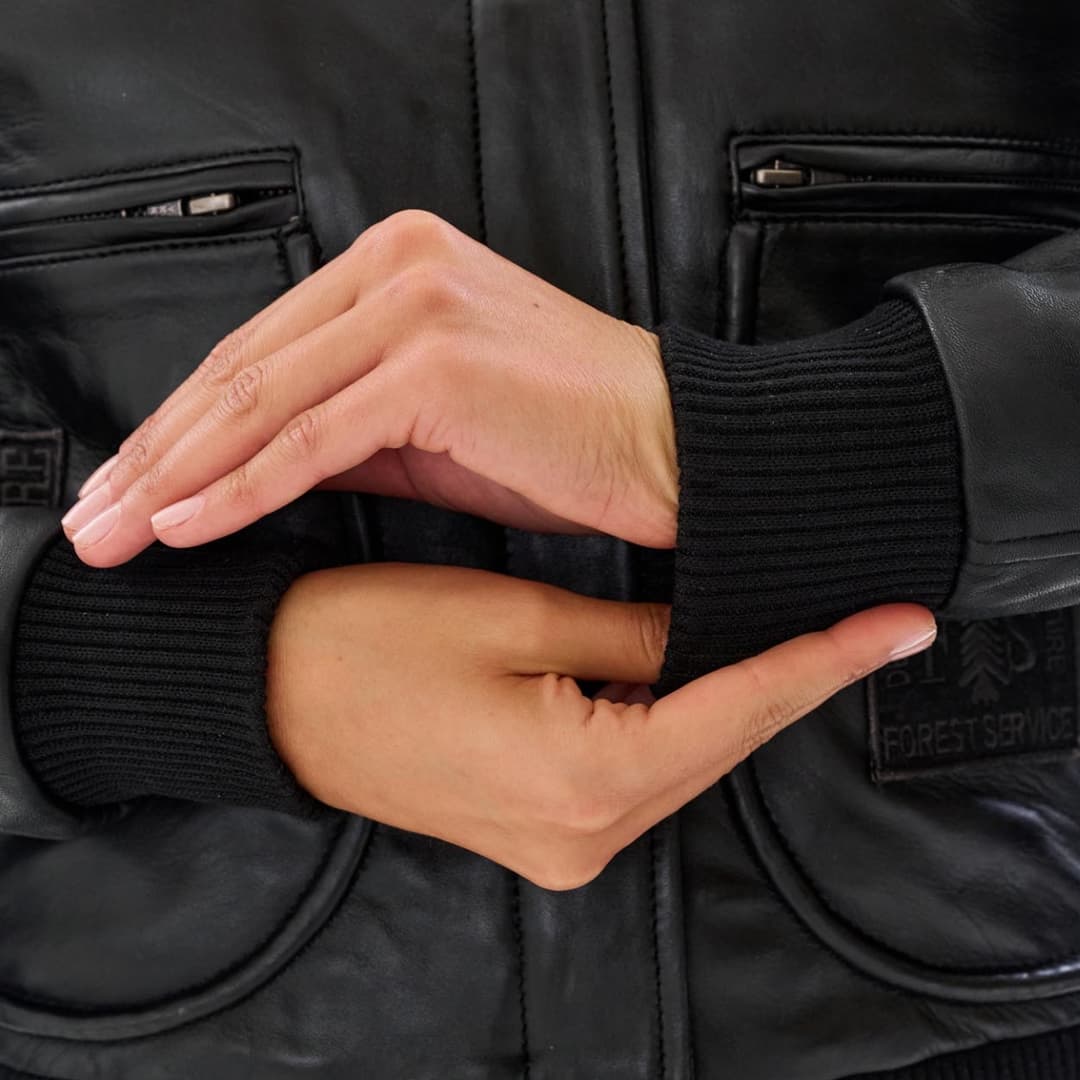 womens black leather flight bomber jacket with shearling collar