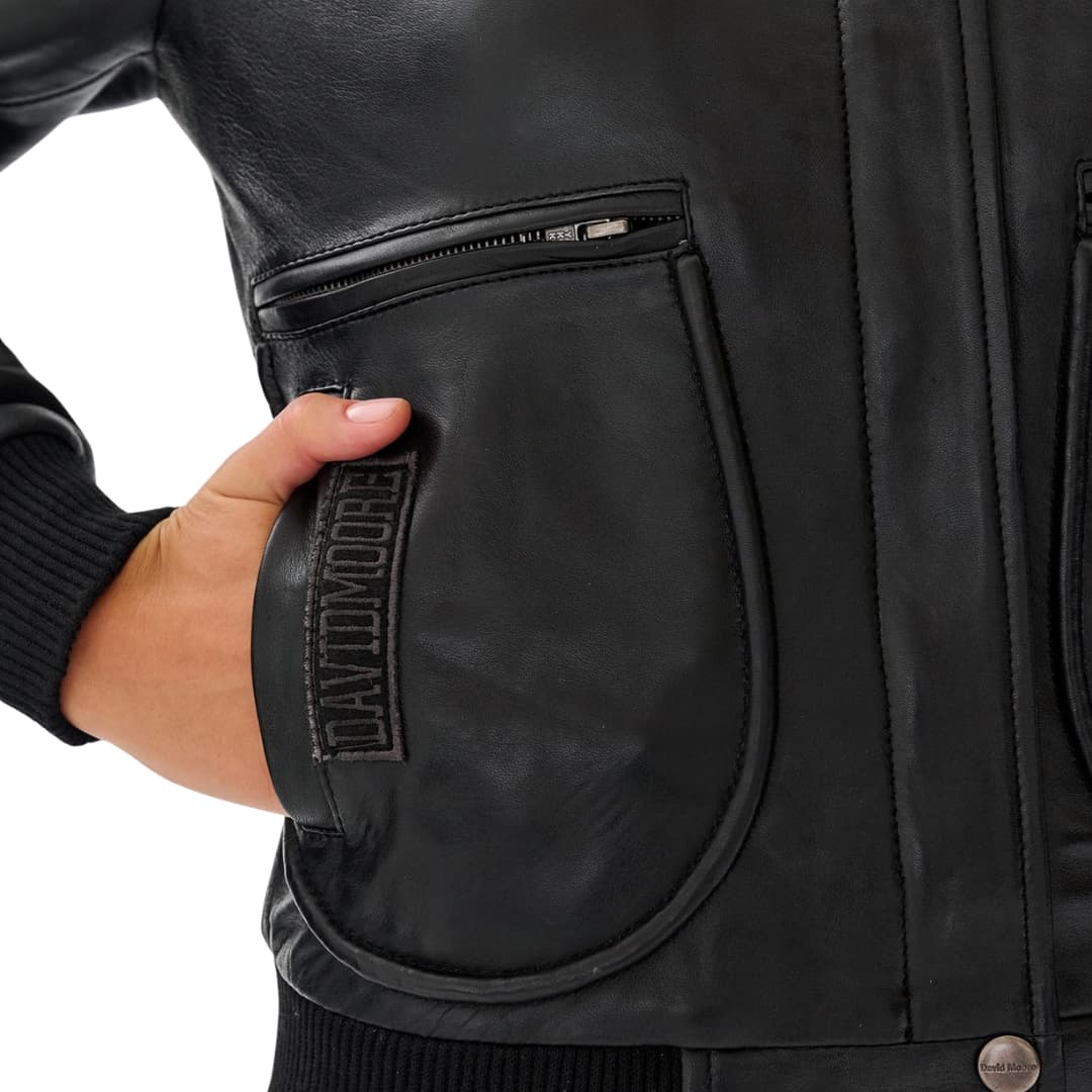 womens black leather flight bomber jacket with shearling collar