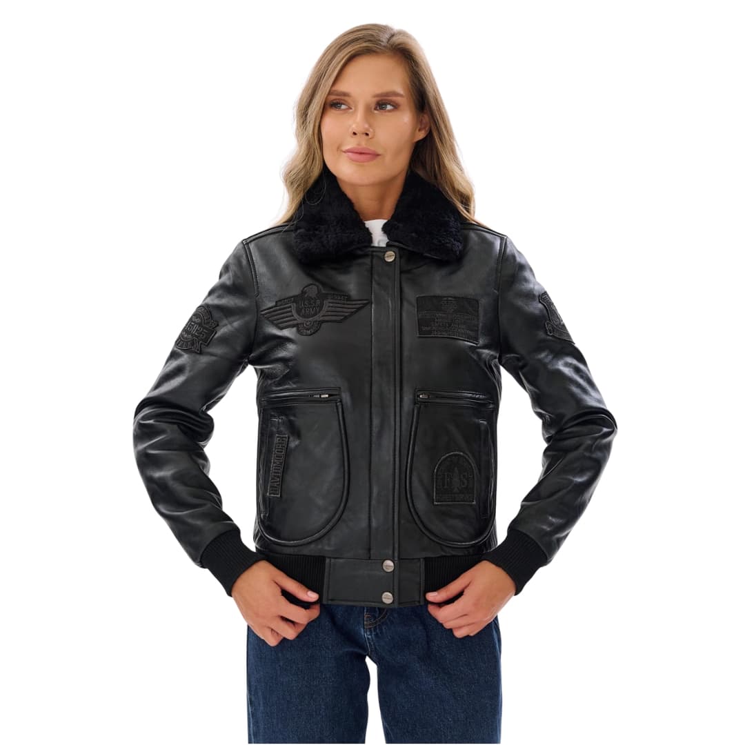 womens black leather flight bomber jacket with shearling collar
