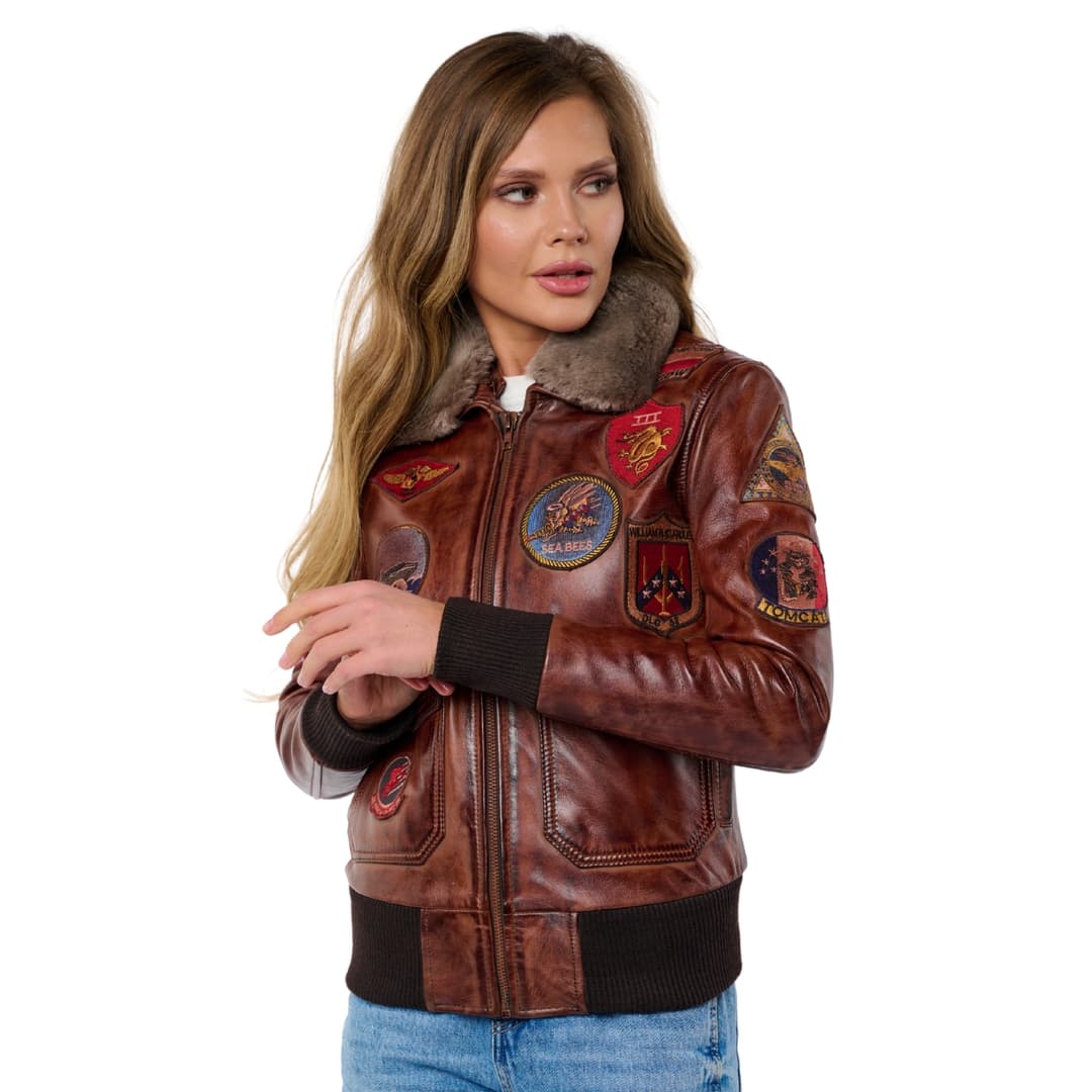 Womens Brown Leather Aviator Bomber Jacket with Fur Collar