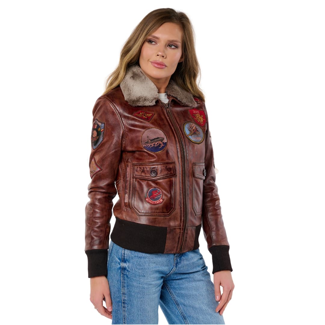 Womens Brown Leather Aviator Bomber Jacket with Fur Collar