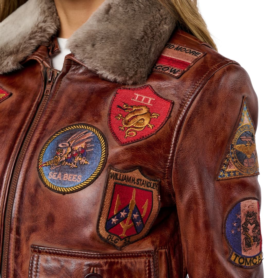 Womens Brown Leather Aviator Bomber Jacket with Fur Collar