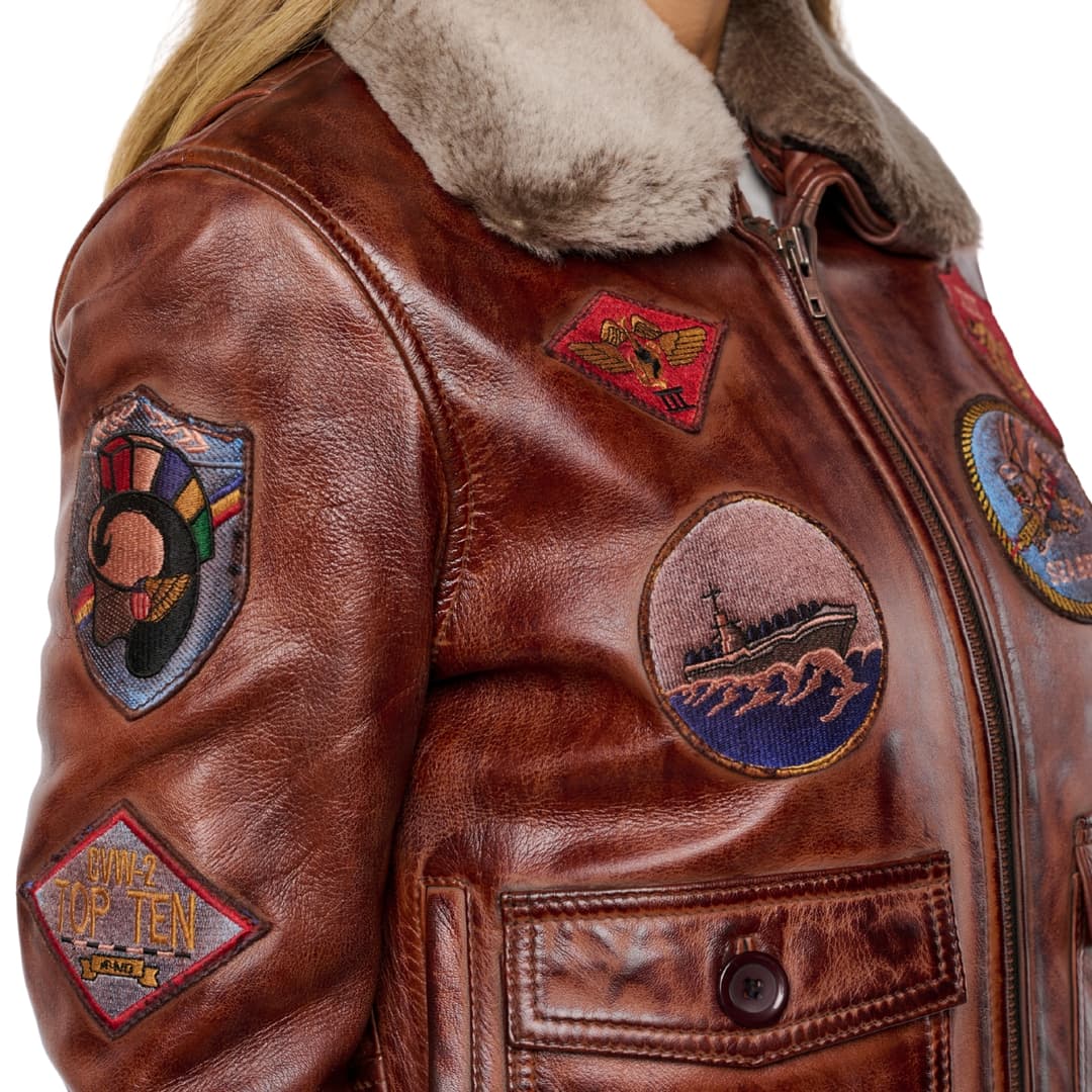 Womens Brown Leather Aviator Bomber Jacket with Fur Collar