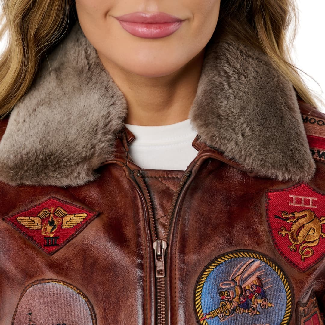 Womens Brown Leather Aviator Bomber Jacket with Fur Collar