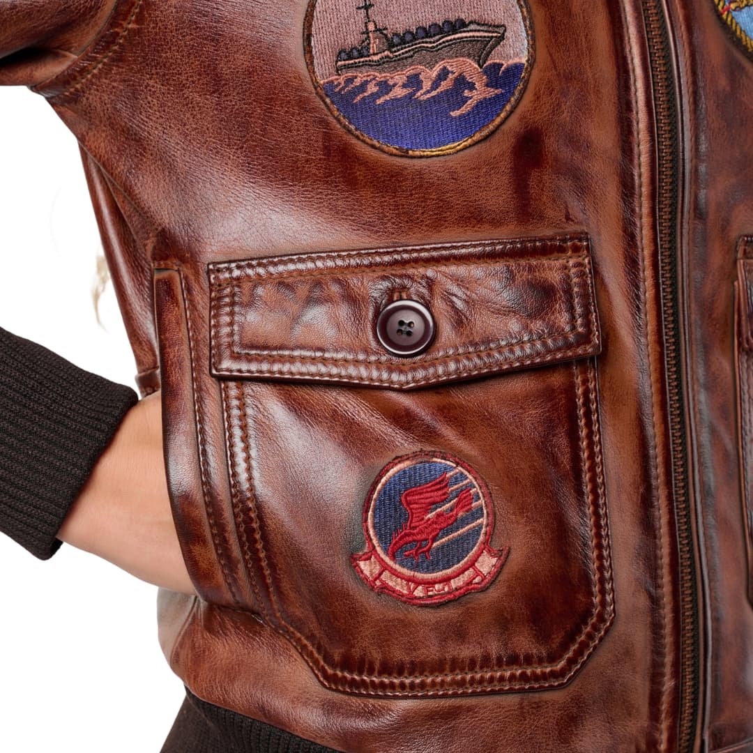 Womens Brown Leather Aviator Bomber Jacket with Fur Collar