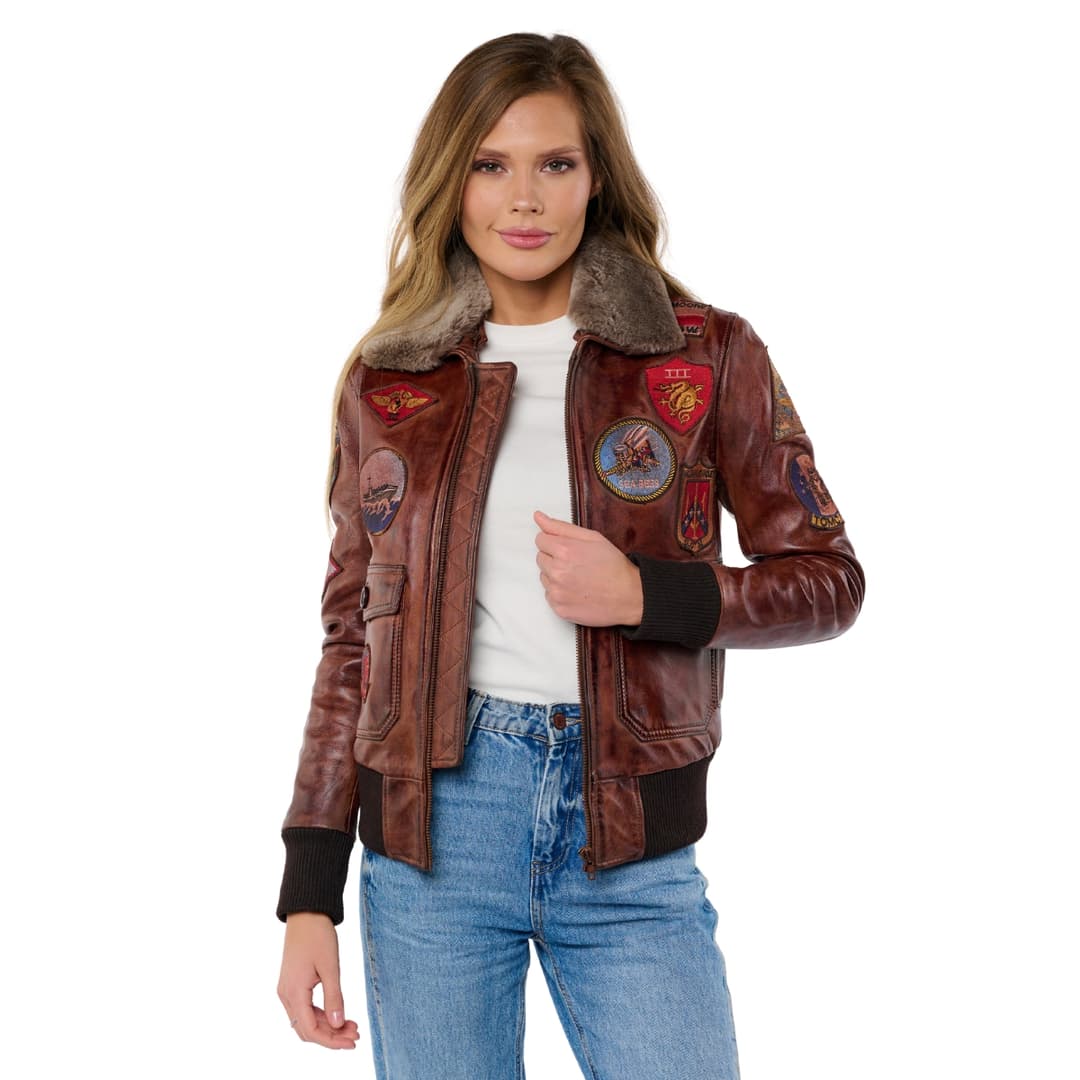 Womens Brown Leather Aviator Bomber Jacket with Fur Collar