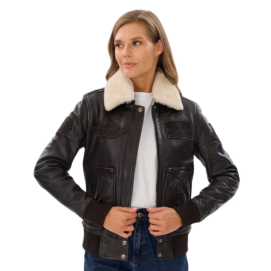 Womens Pilot Jacket Brown With Detachable Shearling Collar
