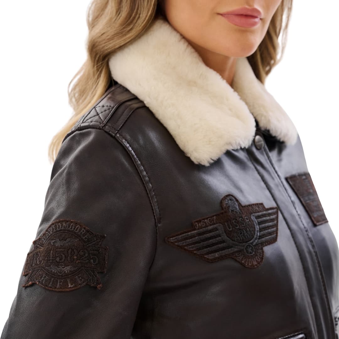 Womens Pilot Jacket Brown With Detachable Shearling Collar