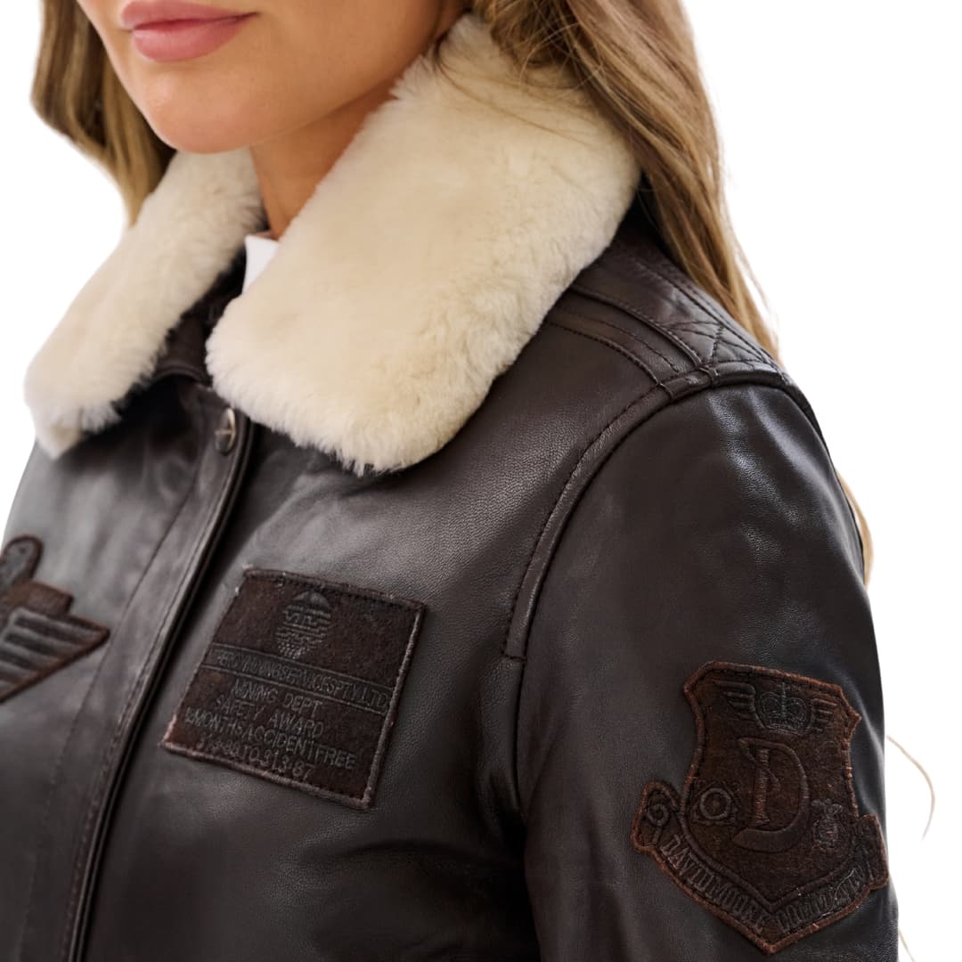 Womens Pilot Jacket Brown With Detachable Shearling Collar