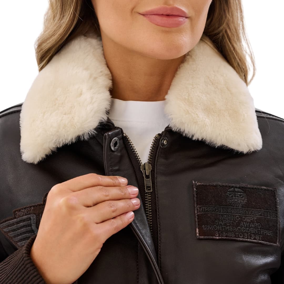 Womens Pilot Jacket Brown With Detachable Shearling Collar