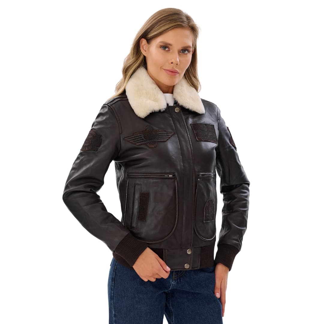 Womens Pilot Jacket Brown With Detachable Shearling Collar