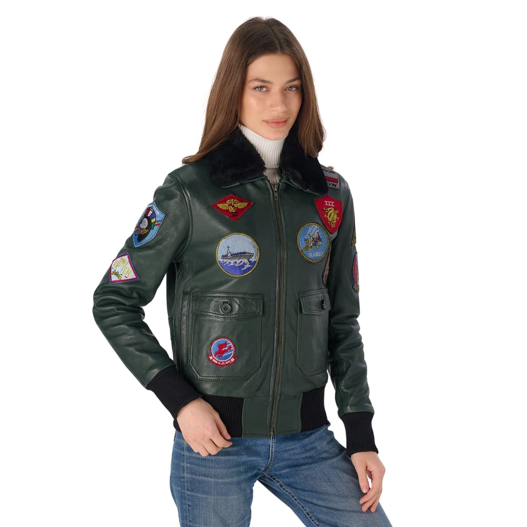 Womens Green A-2 Leather Aviator Jacket with Shearling Collar
