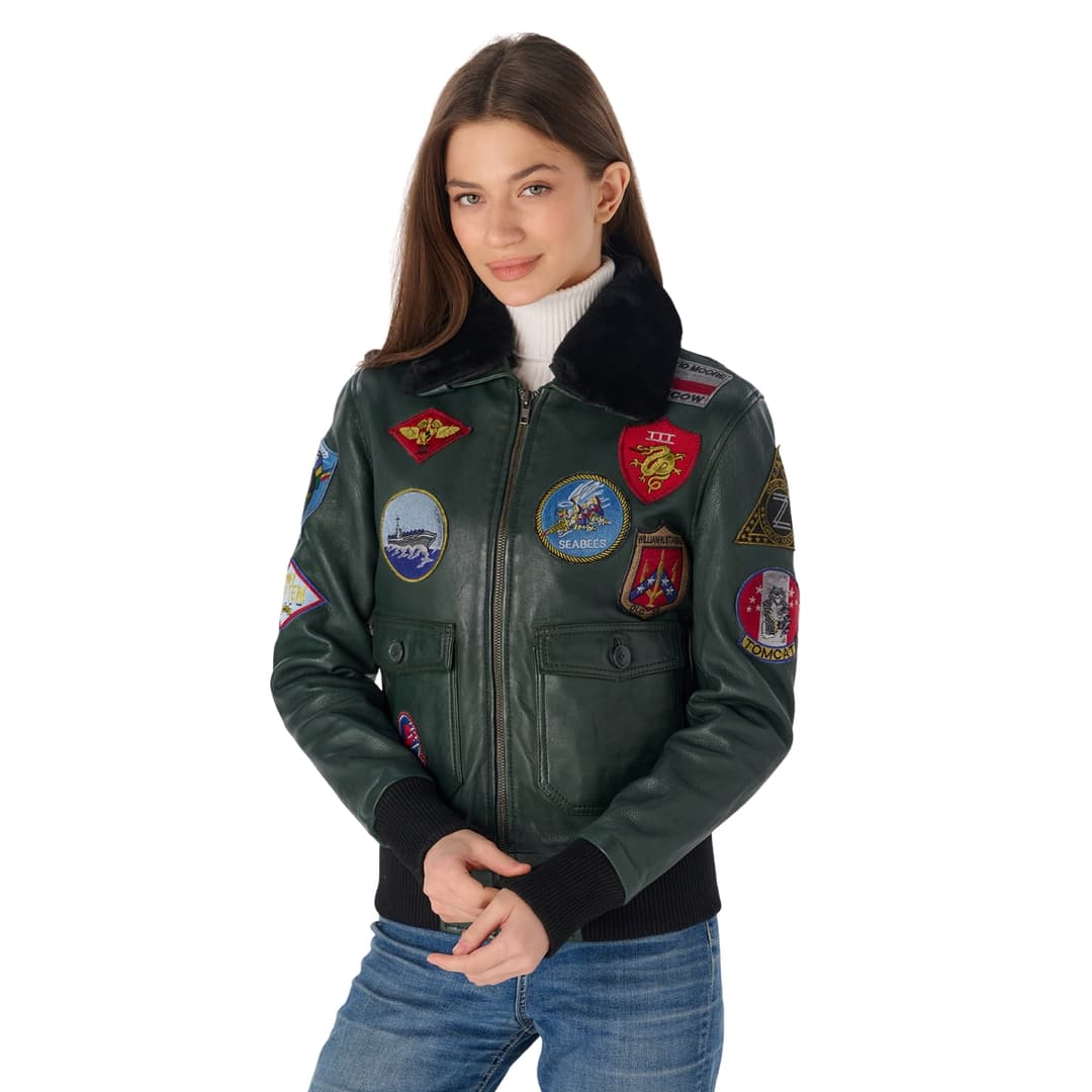 Womens Green A-2 Leather Aviator Jacket with Shearling Collar