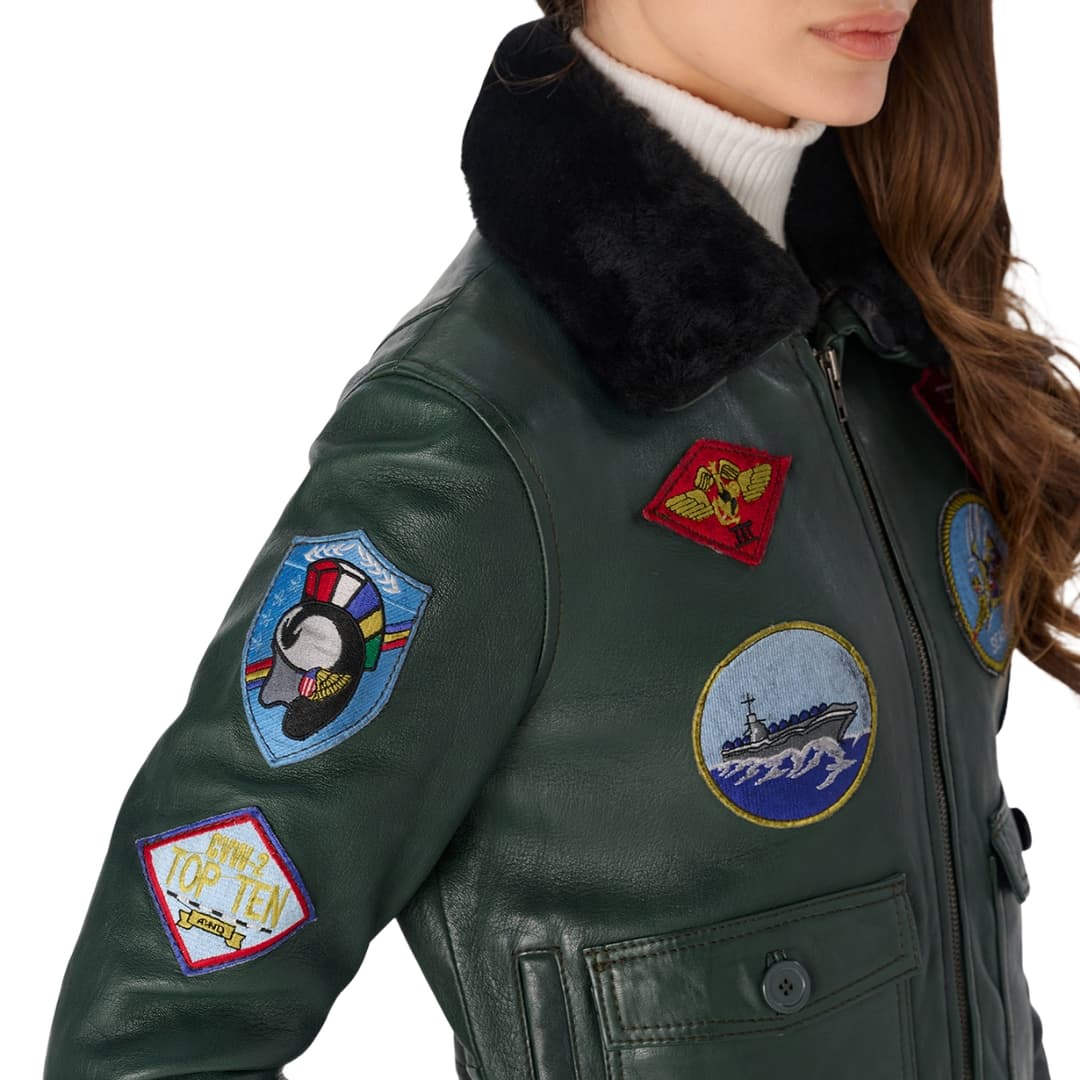 Womens Green A-2 Leather Aviator Jacket with Shearling Collar