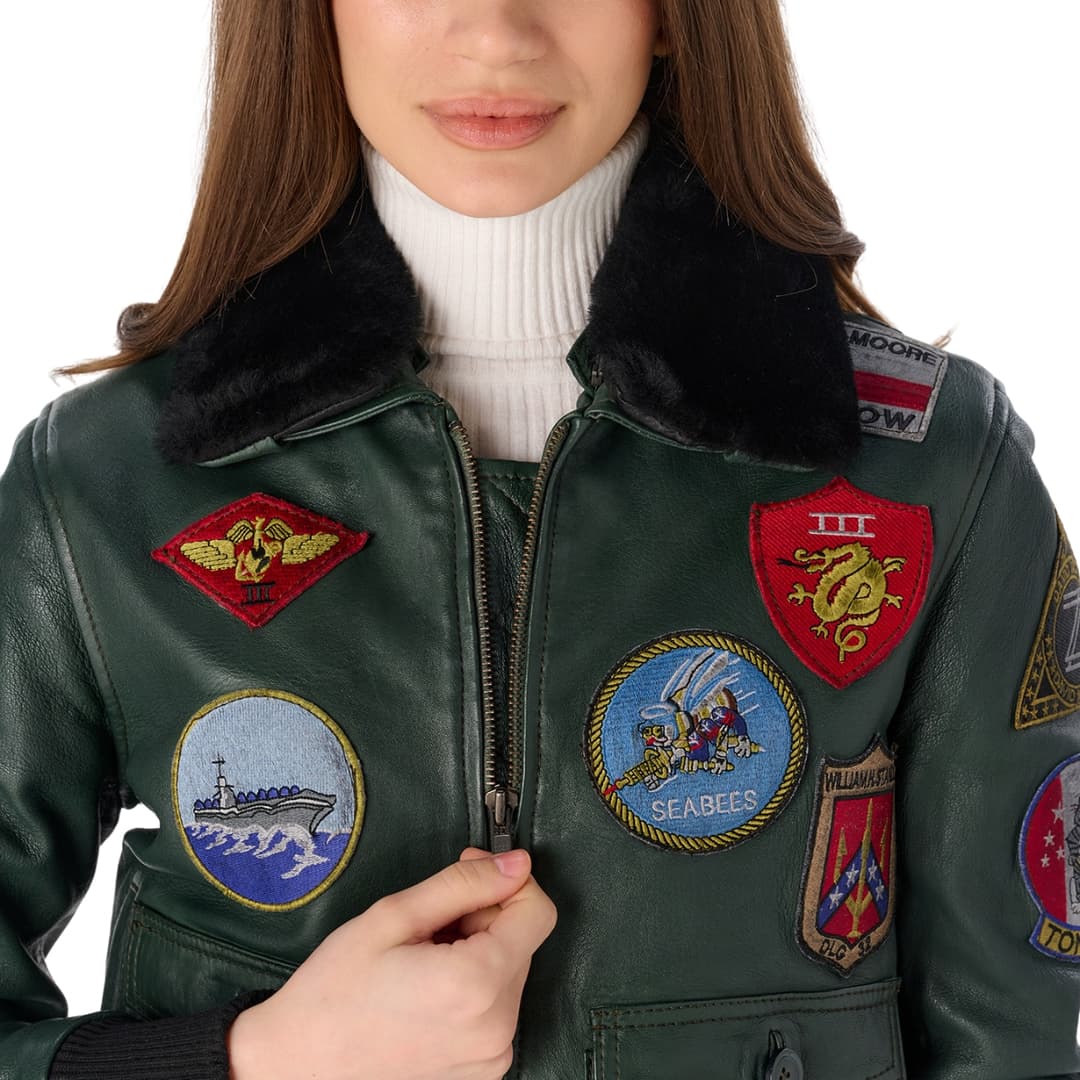 Womens Green A-2 Leather Aviator Jacket with Shearling Collar
