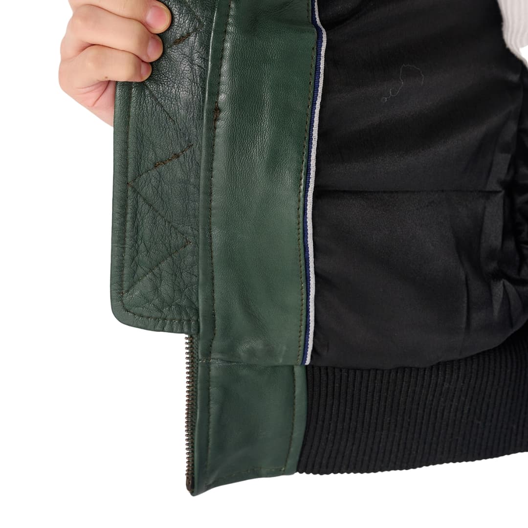 Womens Green A-2 Leather Aviator Jacket with Shearling Collar