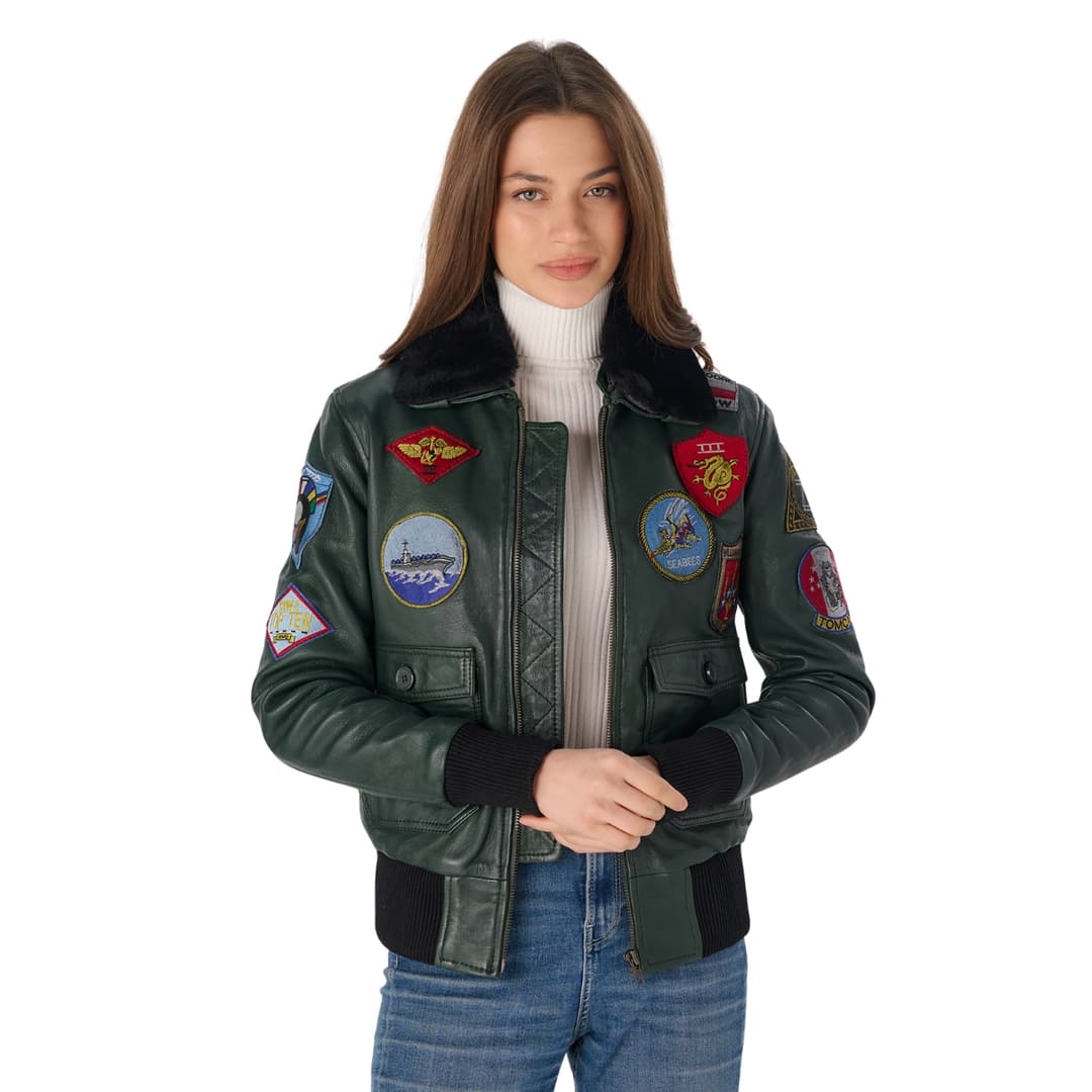 Womens Green A-2 Leather Aviator Jacket with Shearling Collar