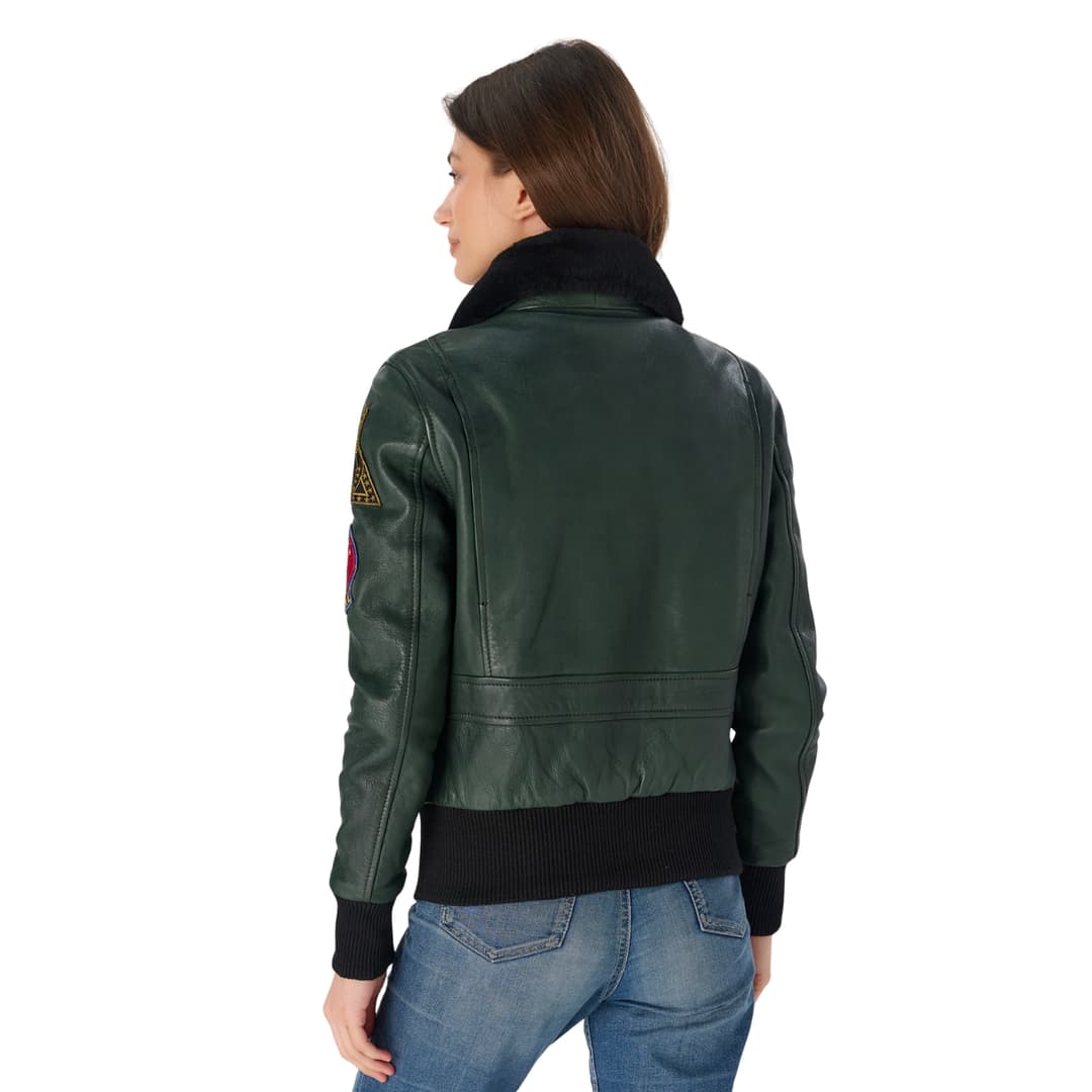 Womens Green A-2 Leather Aviator Jacket with Shearling Collar