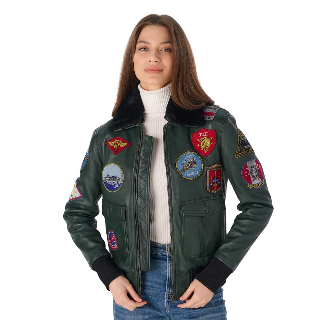 Womens Green A-2 Leather Aviator Jacket with Shearling Collar