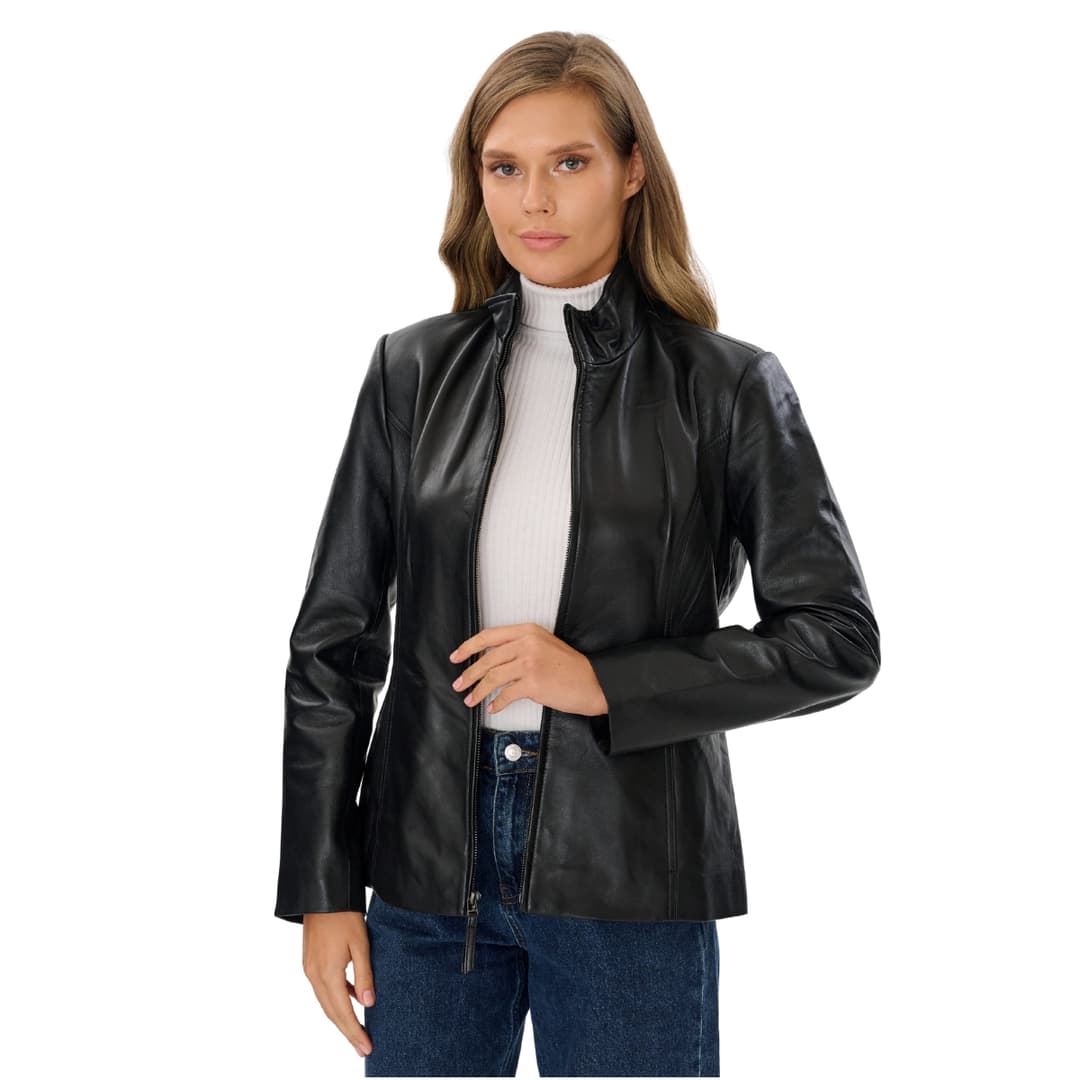 Womens Slim Fit Black Genuine Leather Jacket with High Collar