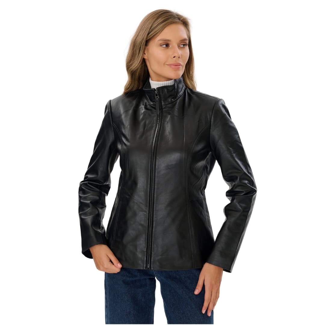 Womens Slim Fit Black Genuine Leather Jacket with High Collar