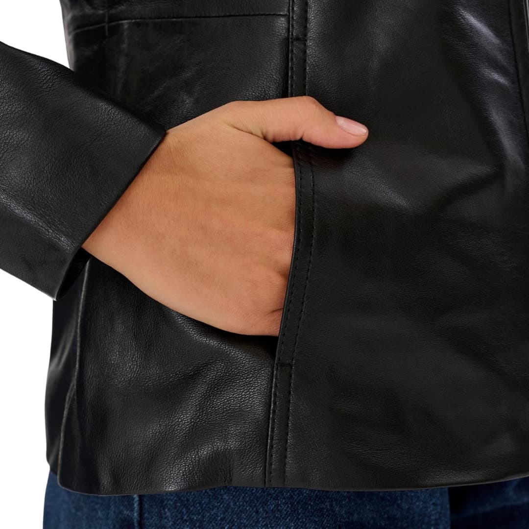 Womens Slim Fit Black Genuine Leather Jacket with High Collar