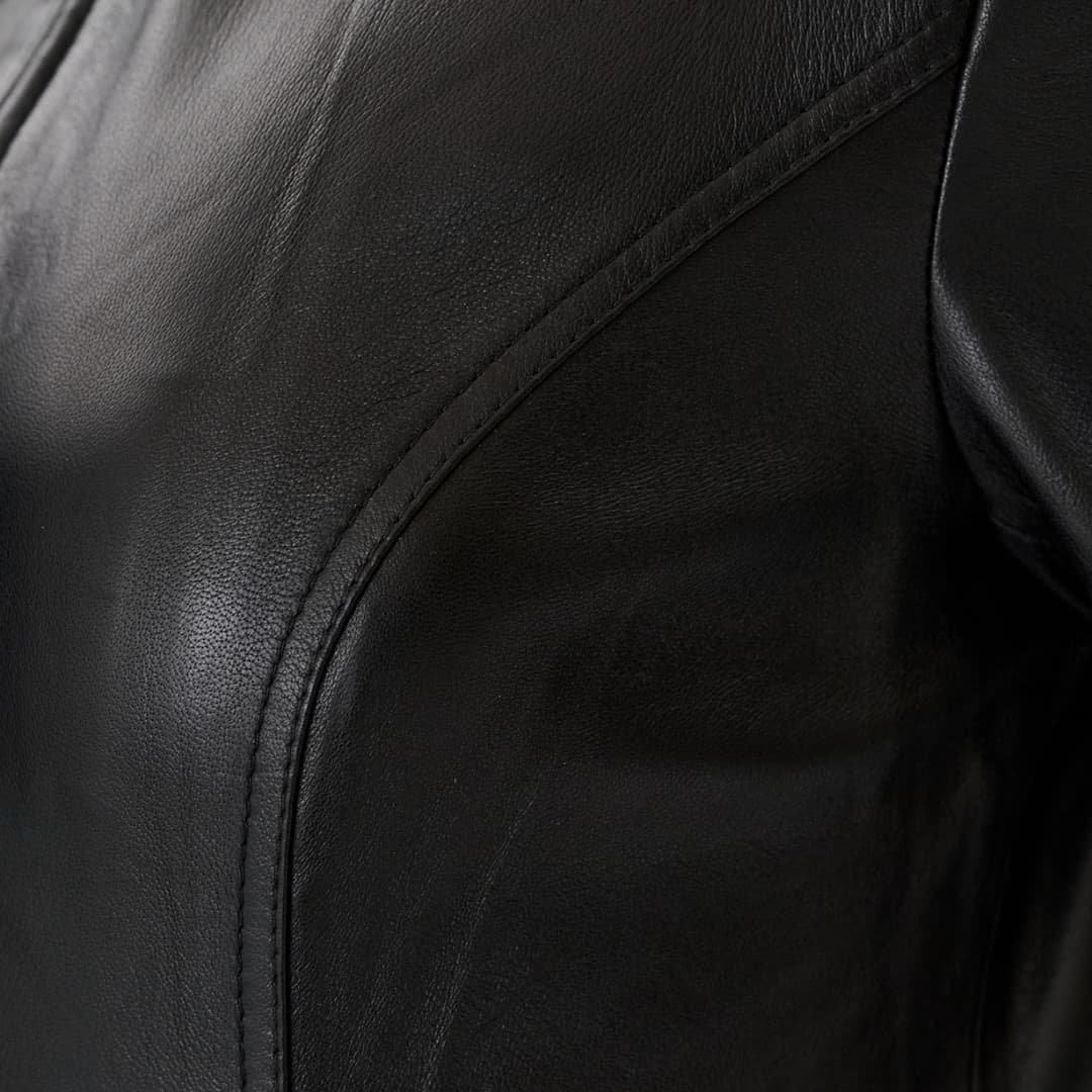 Womens Slim Fit Black Genuine Leather Jacket with High Collar
