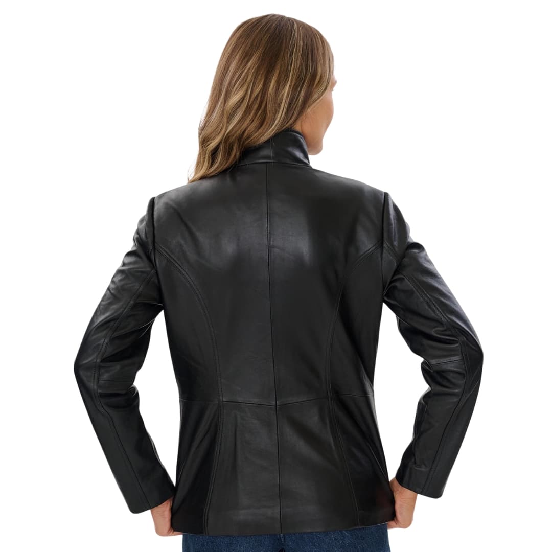 Womens Slim Fit Black Genuine Leather Jacket with High Collar