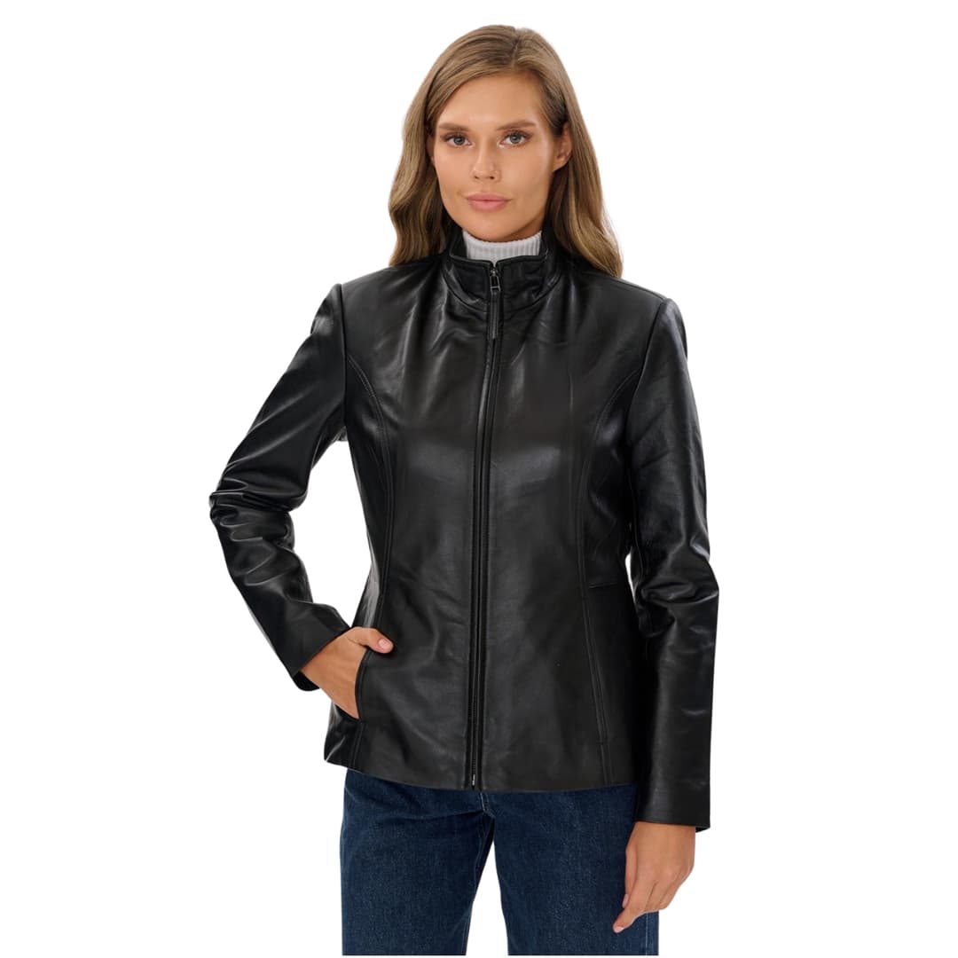 Womens Slim Fit Black Genuine Leather Jacket with High Collar