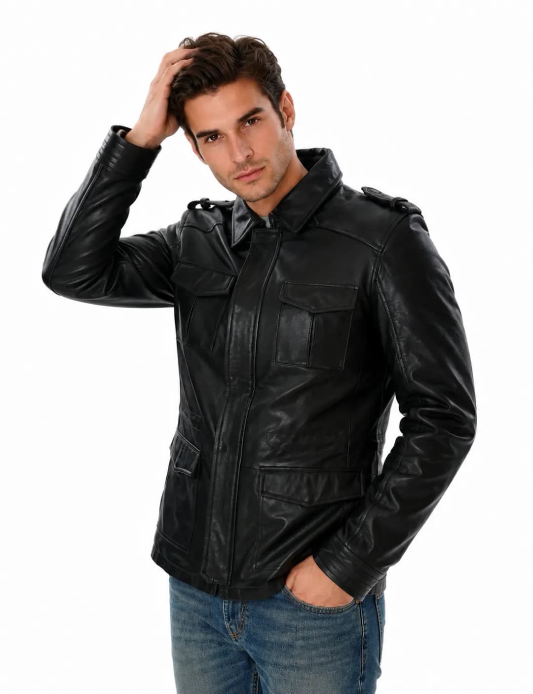 Mens Black Leather Trucker Jacket_2