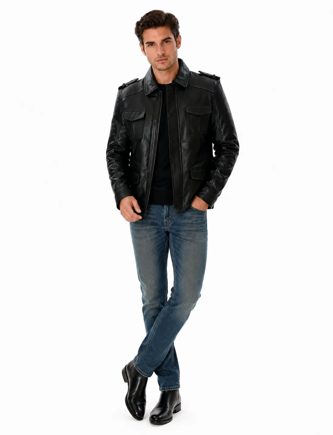 Mens Black Leather Trucker Jacket_3