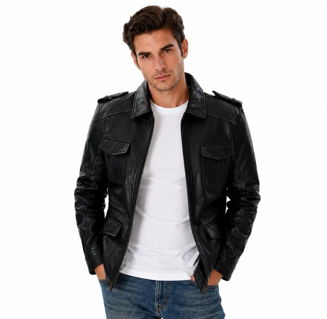 Mens Black Leather Trucker Jacket_4