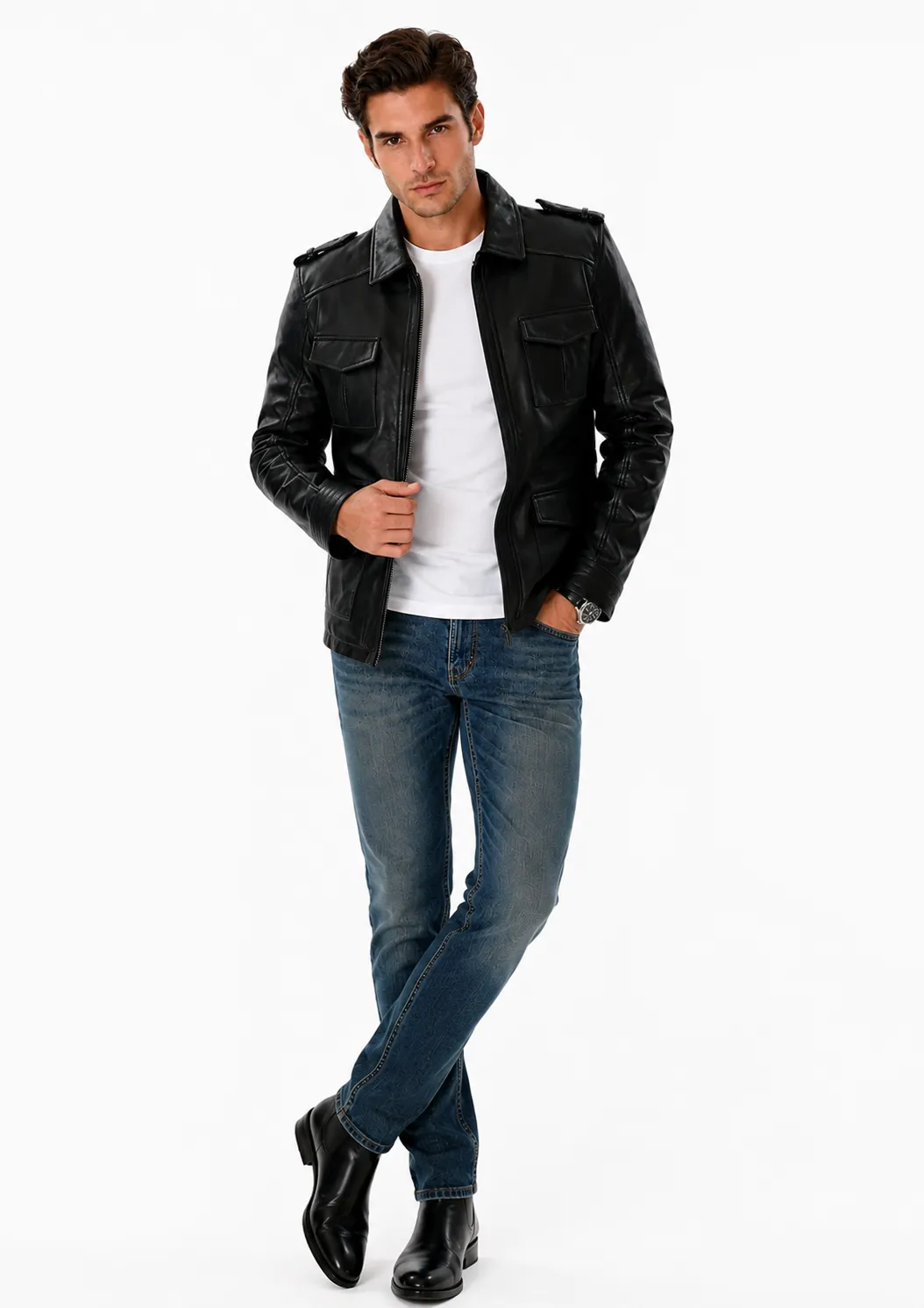 Mens Black Leather Trucker Jacket_5