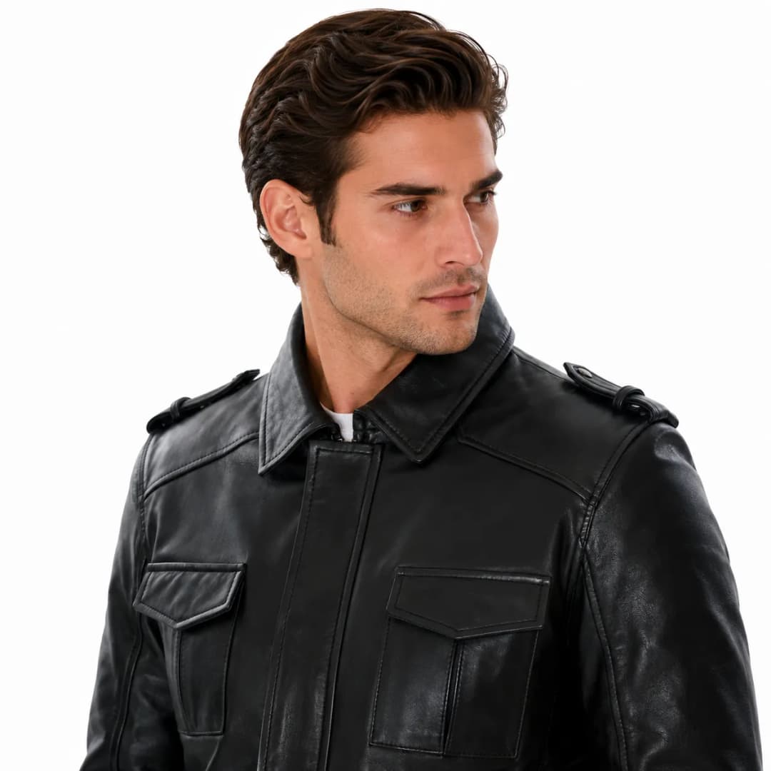 Mens Black Leather Trucker Jacket_7