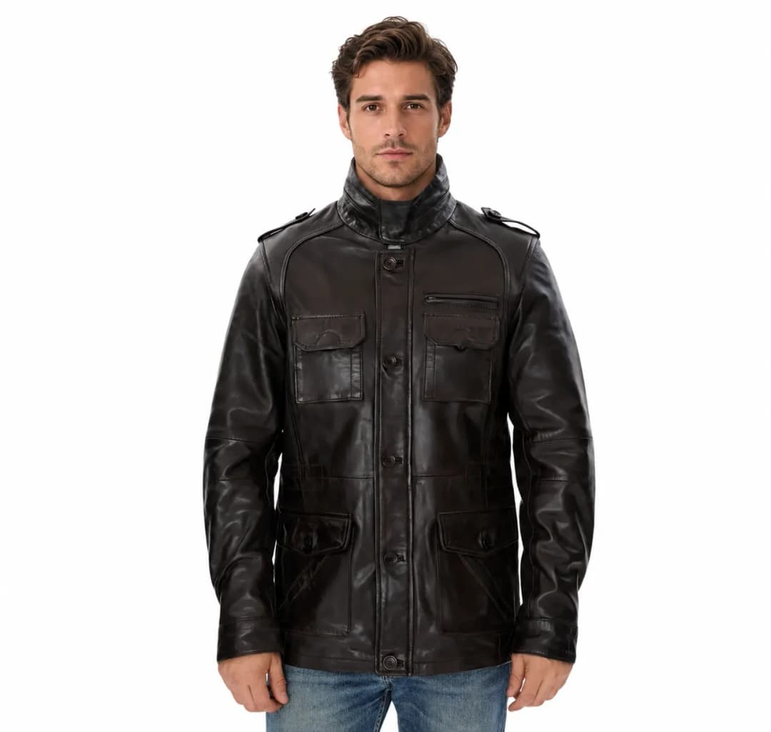 Mens Brown Leather Trucker Long Jacket_1