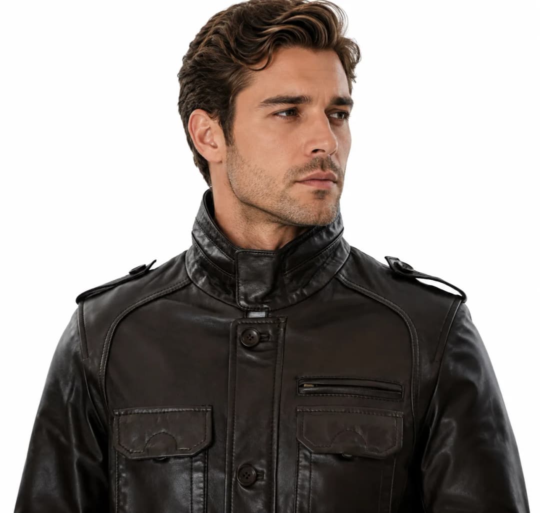 Mens Brown Leather Trucker Long Jacket_2