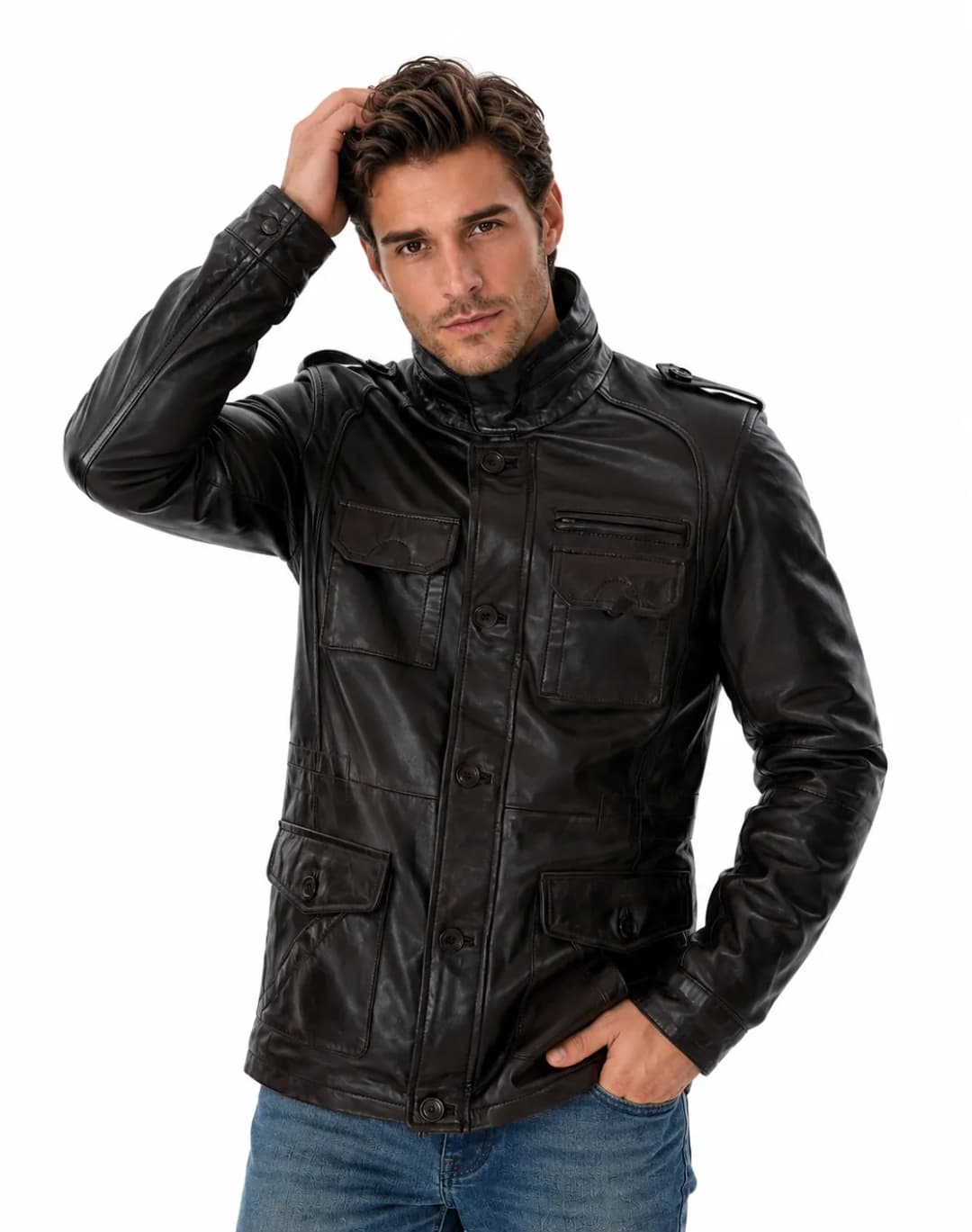 Mens Brown Leather Trucker Long Jacket_3