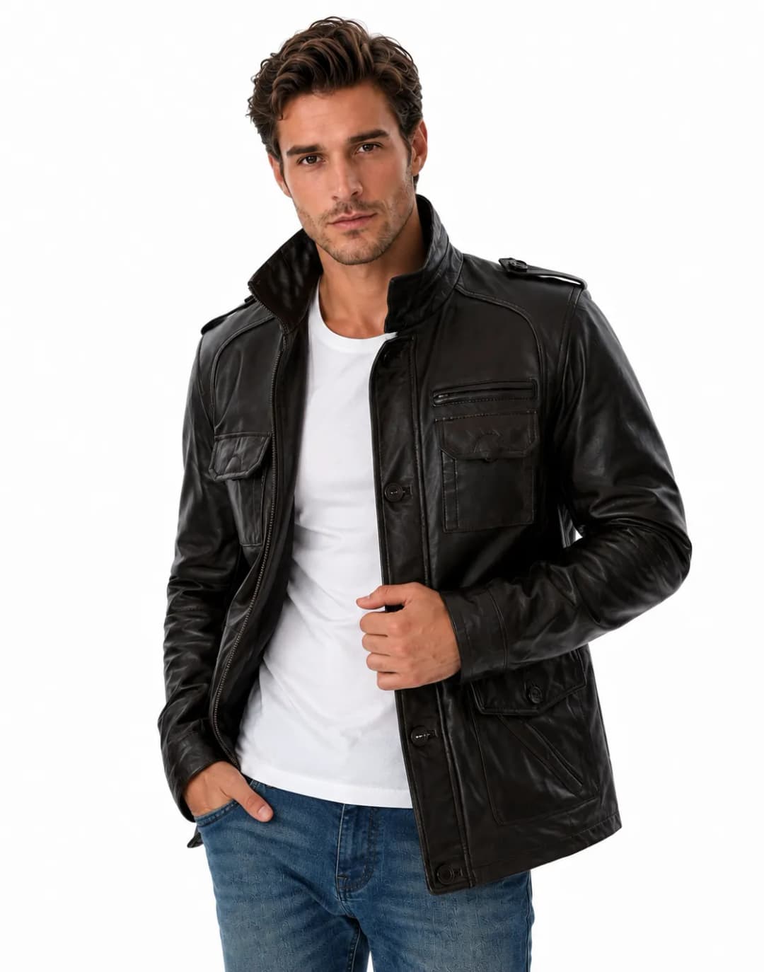 Mens Brown Leather Trucker Long Jacket_4