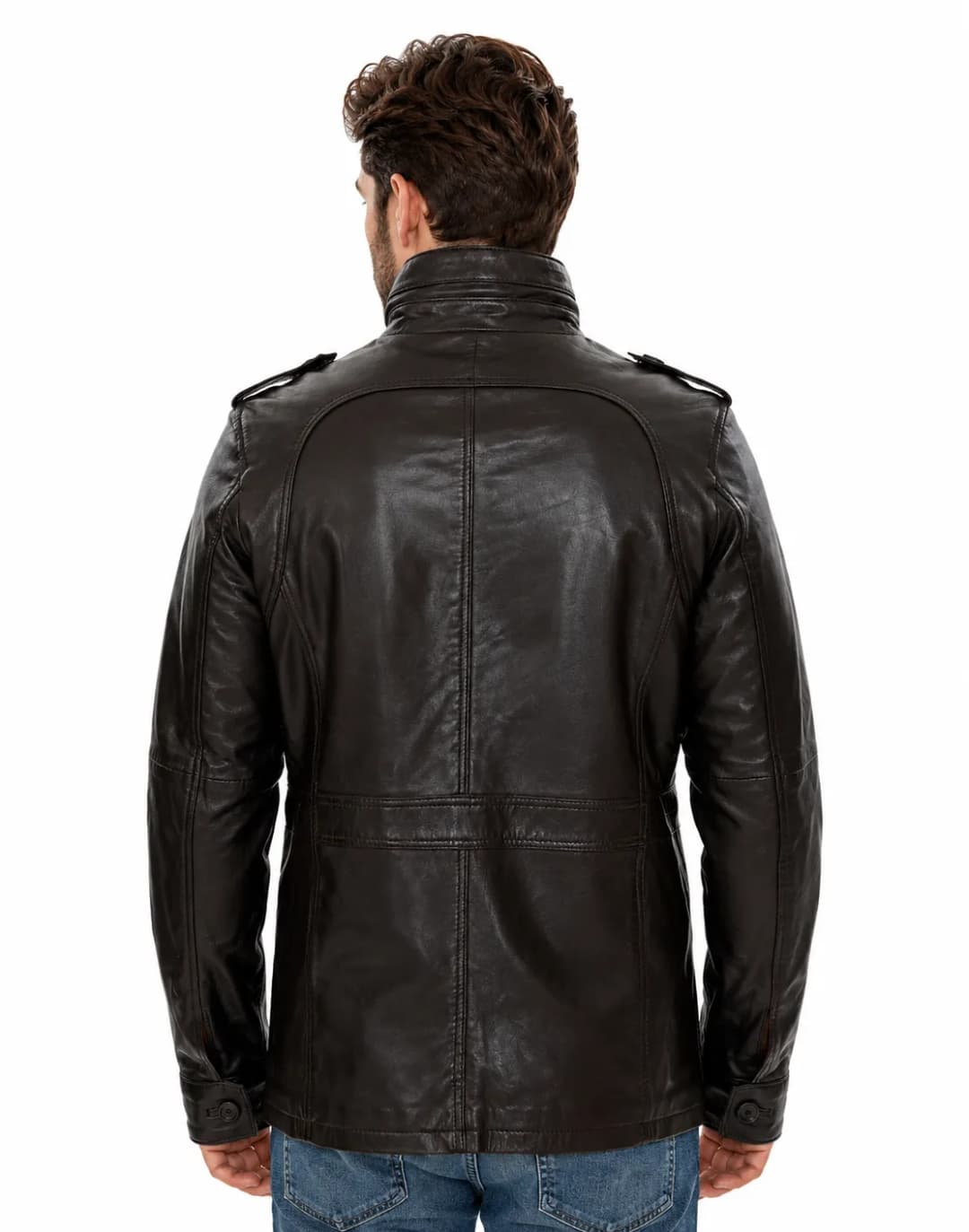 Mens Brown Leather Trucker Long Jacket_5