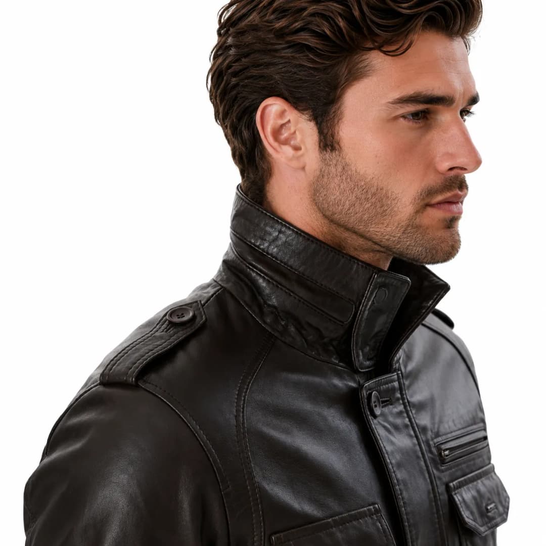 Mens Brown Leather Trucker Long Jacket_8