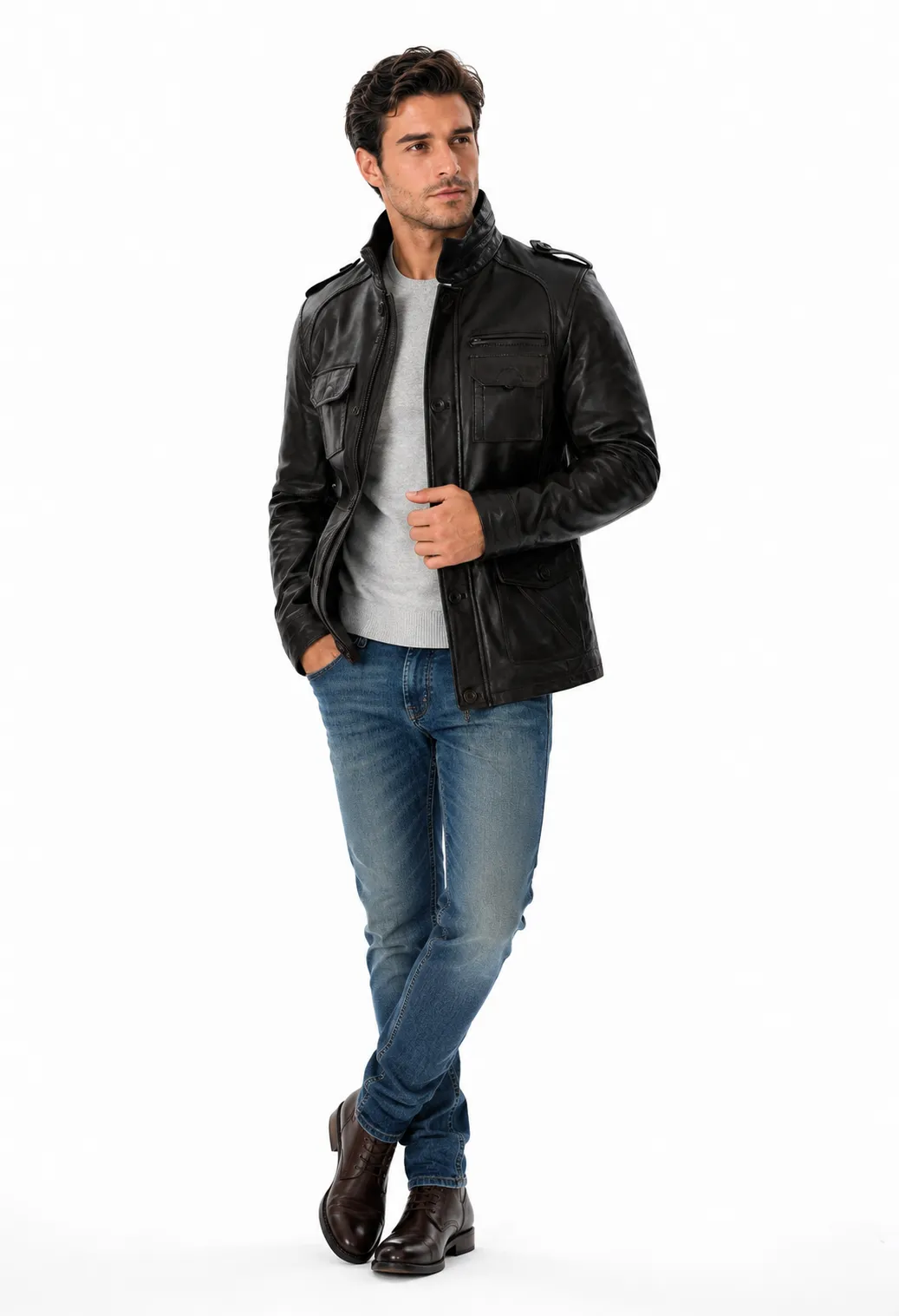 Mens Brown Leather Trucker Long Jacket_9