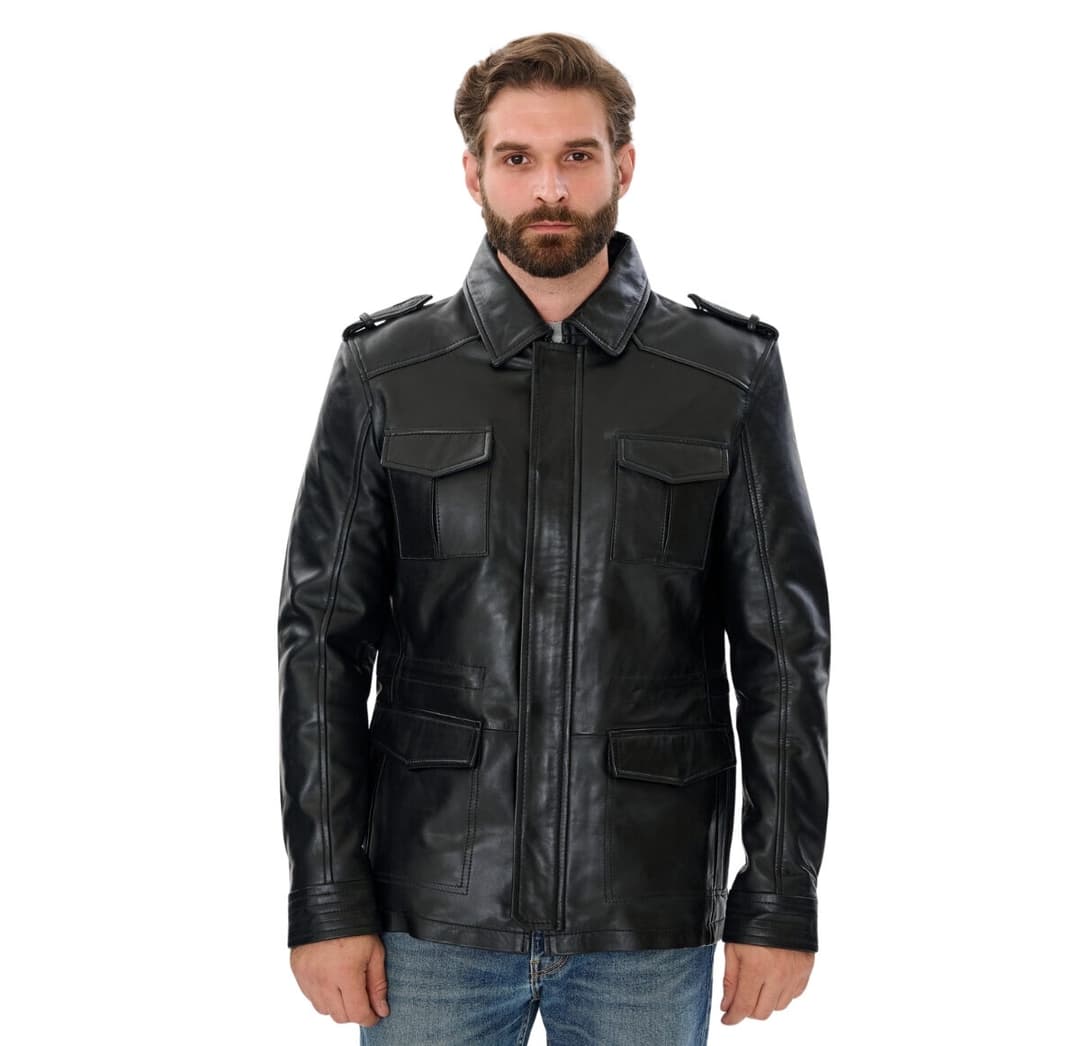 Mens Classic Black Leather Trucker Jacket