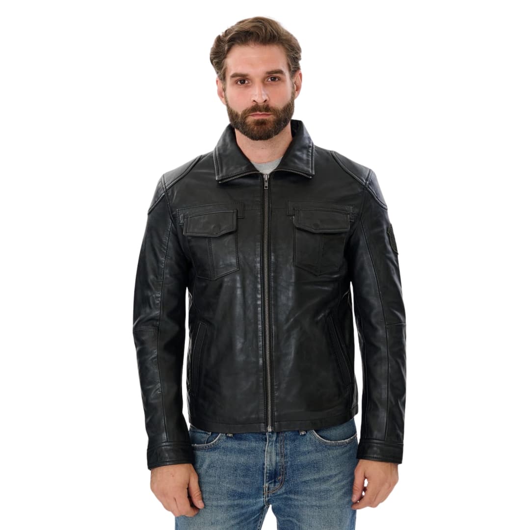 Mens Classic Black Leather Trucker Jacket