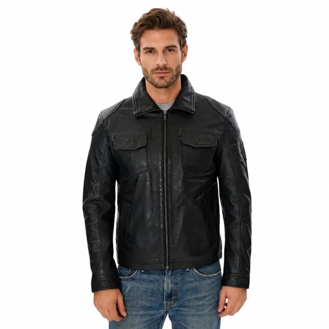 Mens Classic Black Leather Trucker Jacket_1