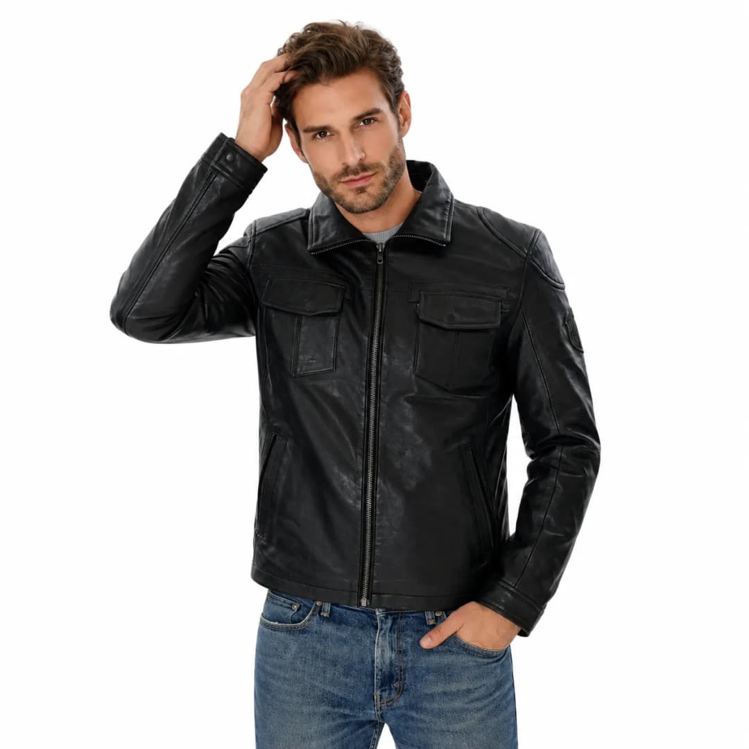 Mens Classic Black Leather Trucker Jacket_2