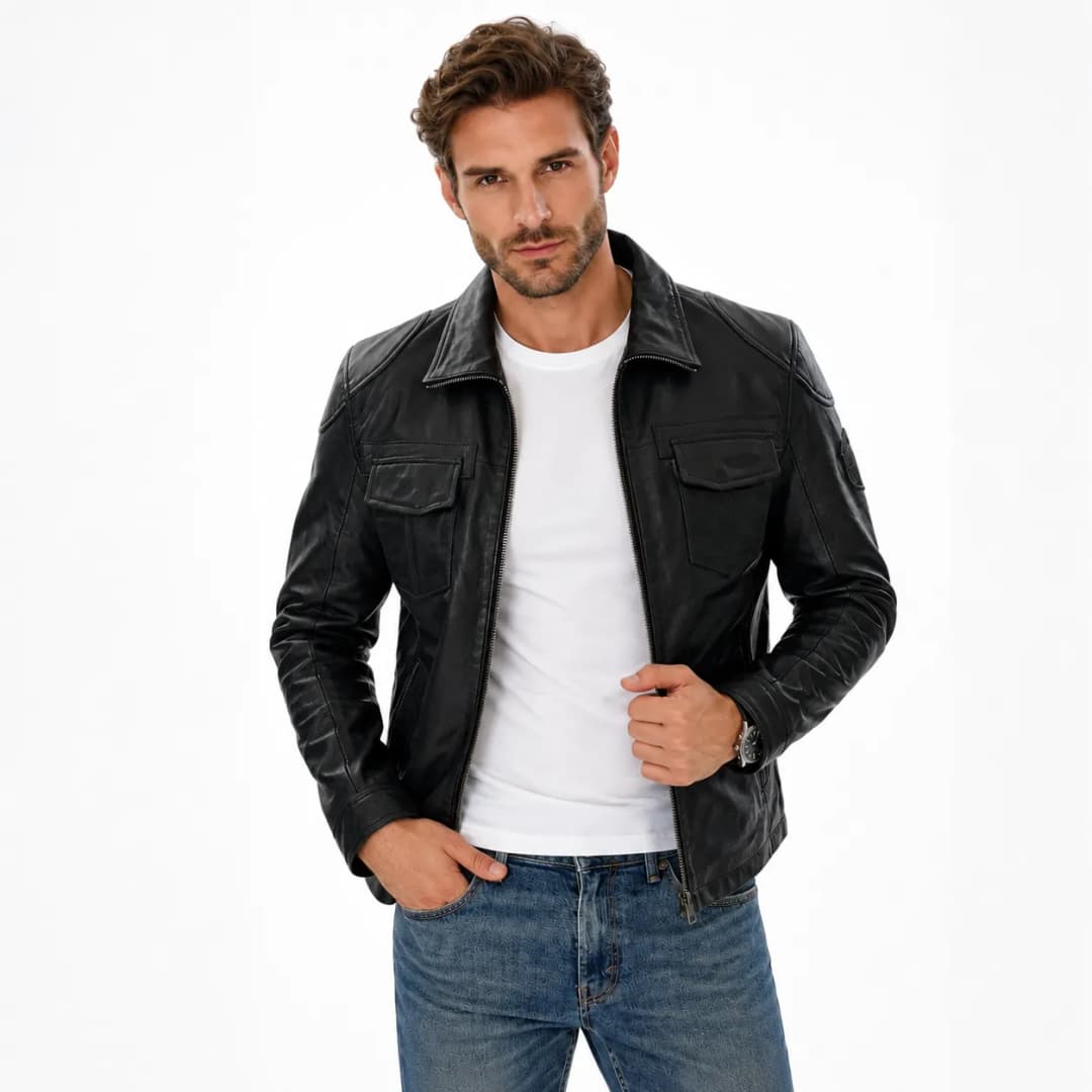 Mens Classic Black Leather Trucker Jacket_3