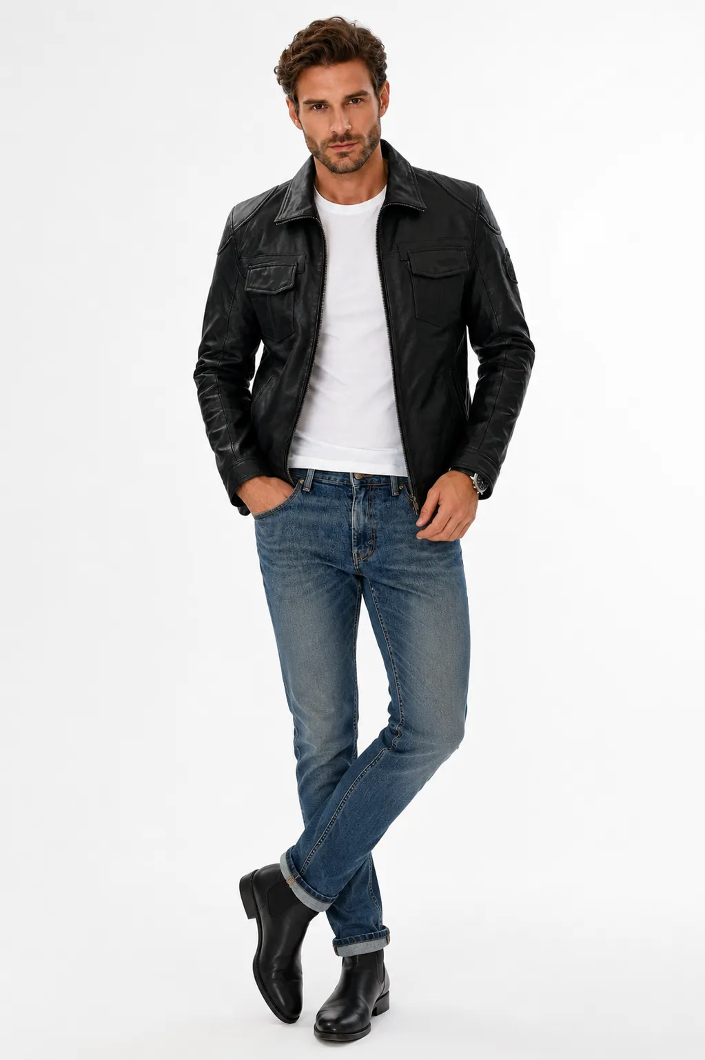 Mens Classic Black Leather Trucker Jacket_4