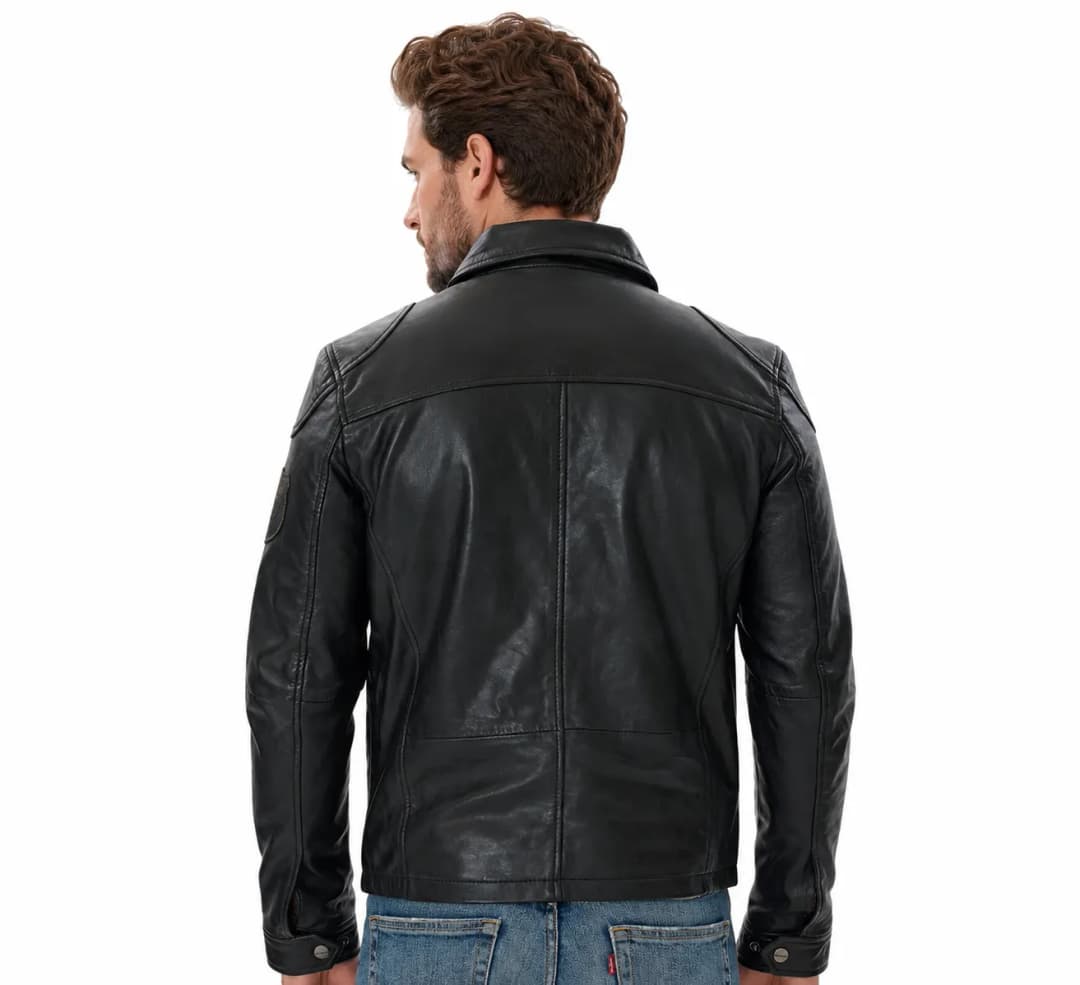 Mens Classic Black Leather Trucker Jacket_5